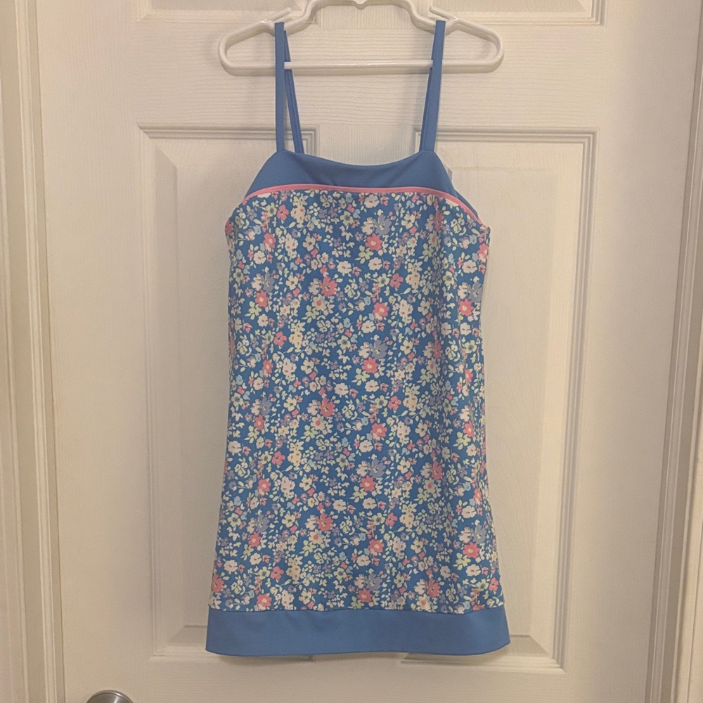 all in motion Blue Floral Spaghetti-Strap Dress with Pink Trim
